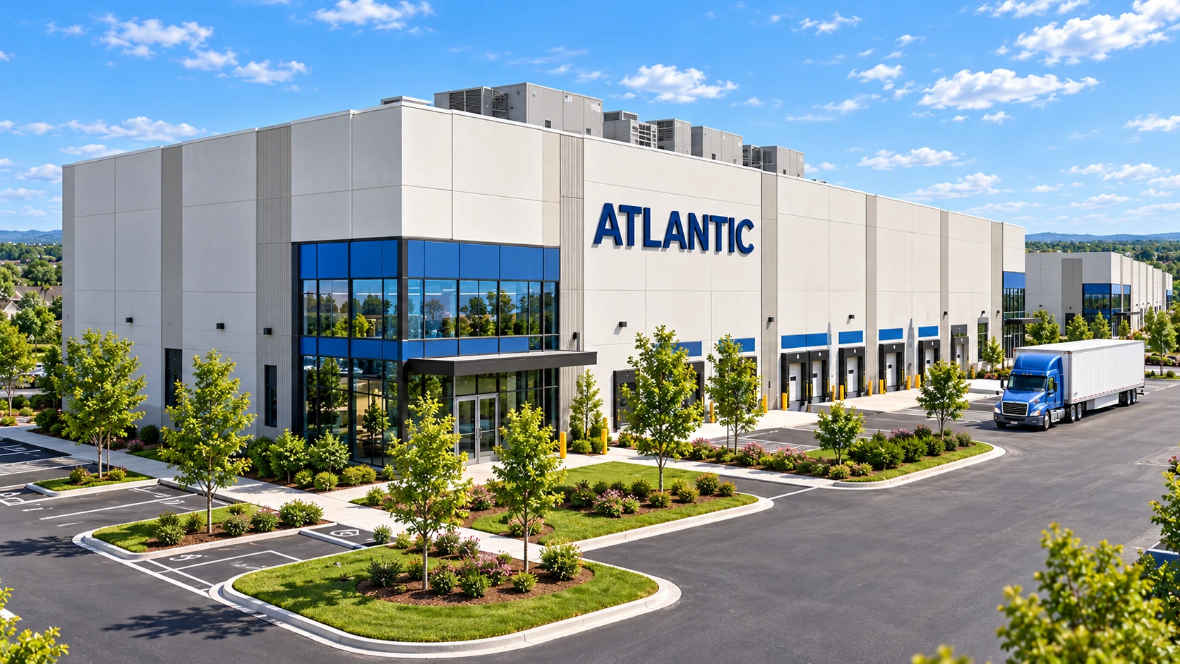 Atlantic architectural concept with a contemporary glass corner office and warehouse loading docks.