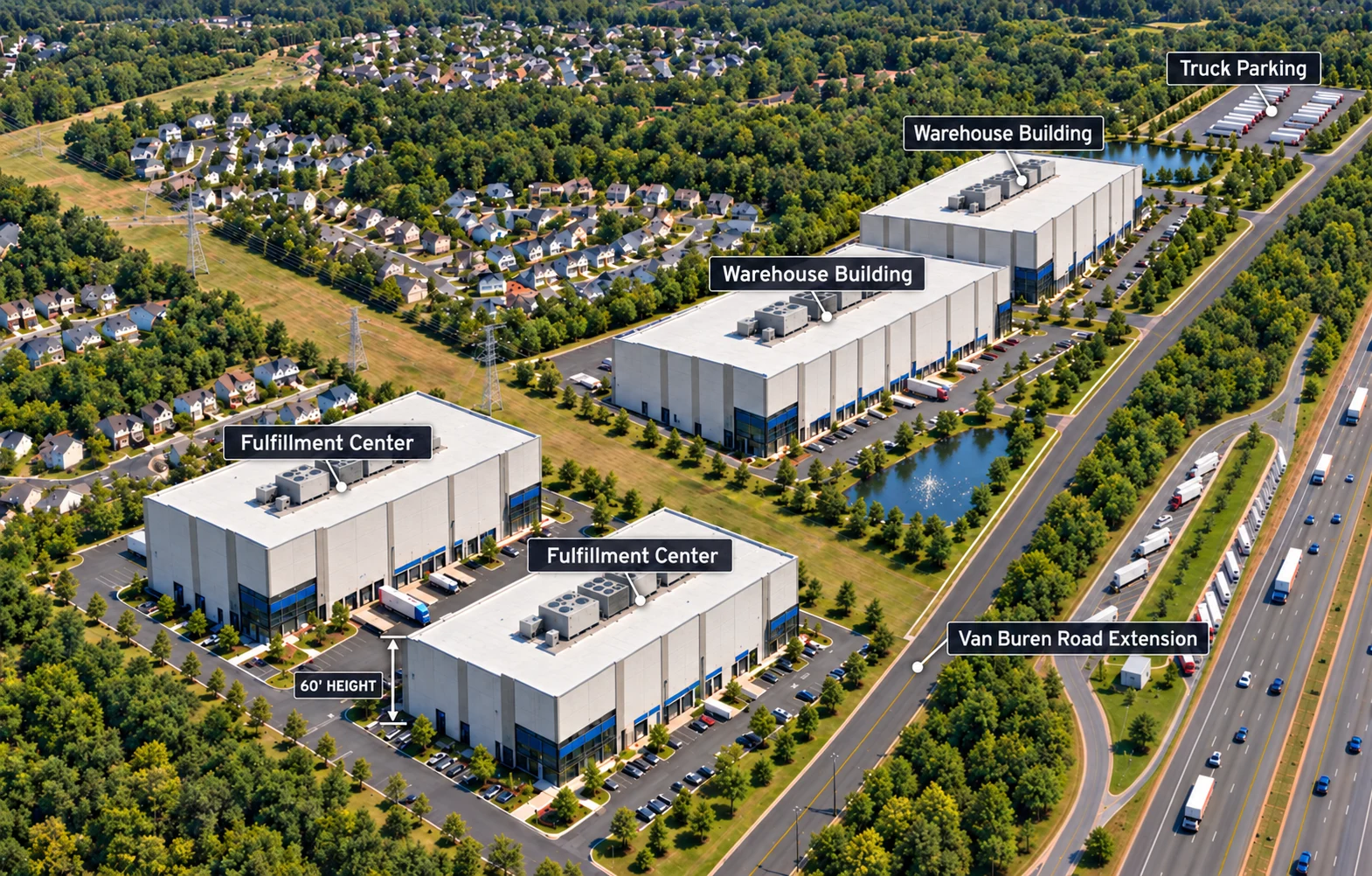 Annotated aerial concept showing two fulfillment buildings, two warehouses, truck parking and the proposed Van Buren Road extension.