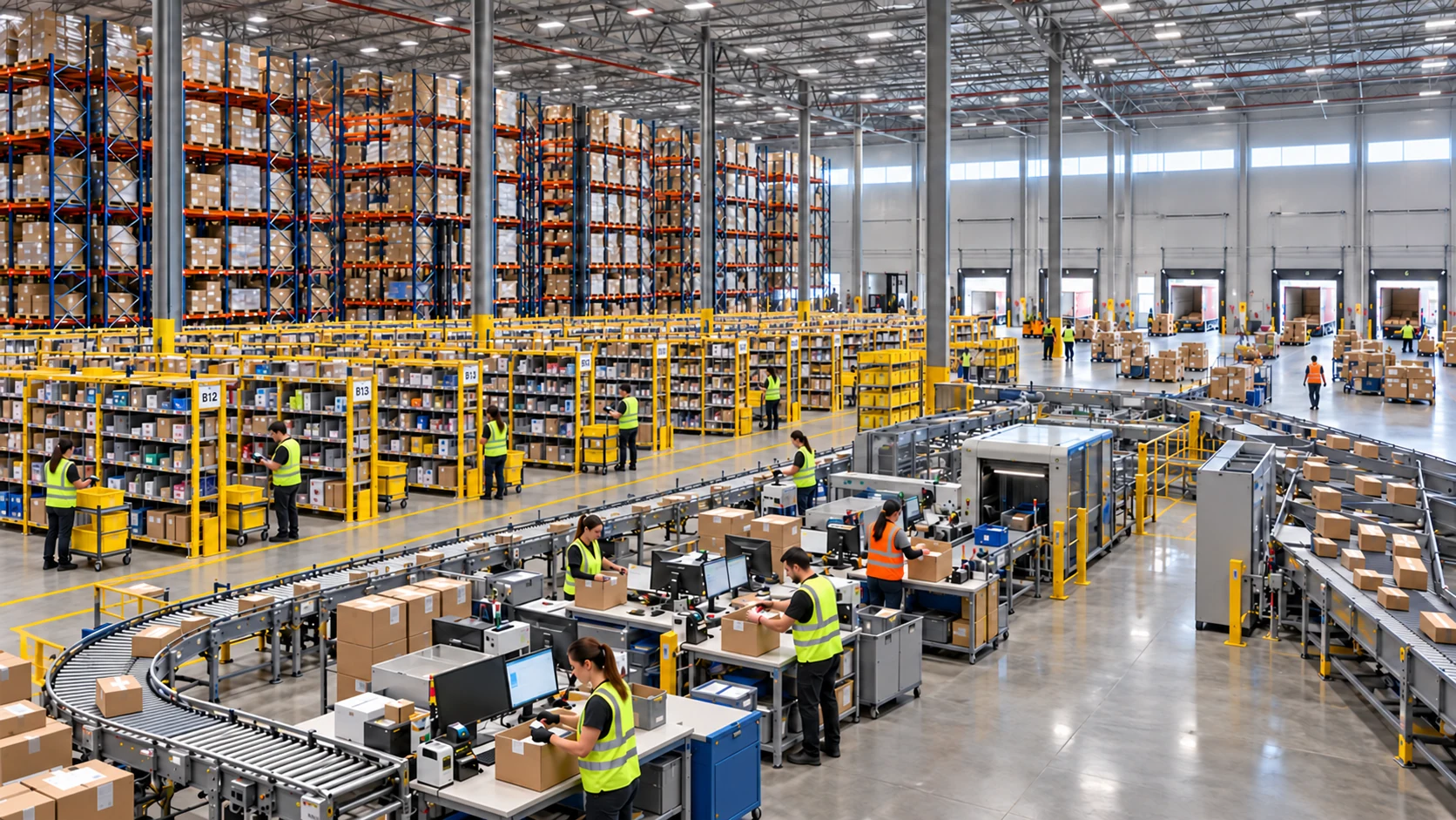 Illustrative fulfillment center with staffed packing stations, conveyor belts, storage racks and loading bays.