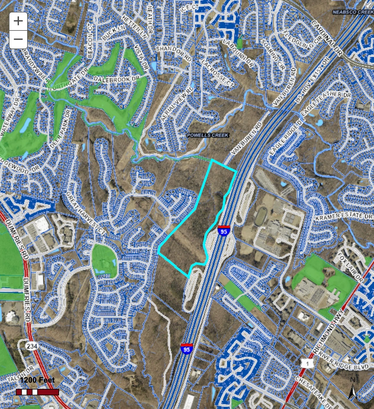 County Mapper aerial showing the outlined property west of I-95, with Dumfries Road Route 234, Route 1 and Cardinal Drive in the surrounding road network.