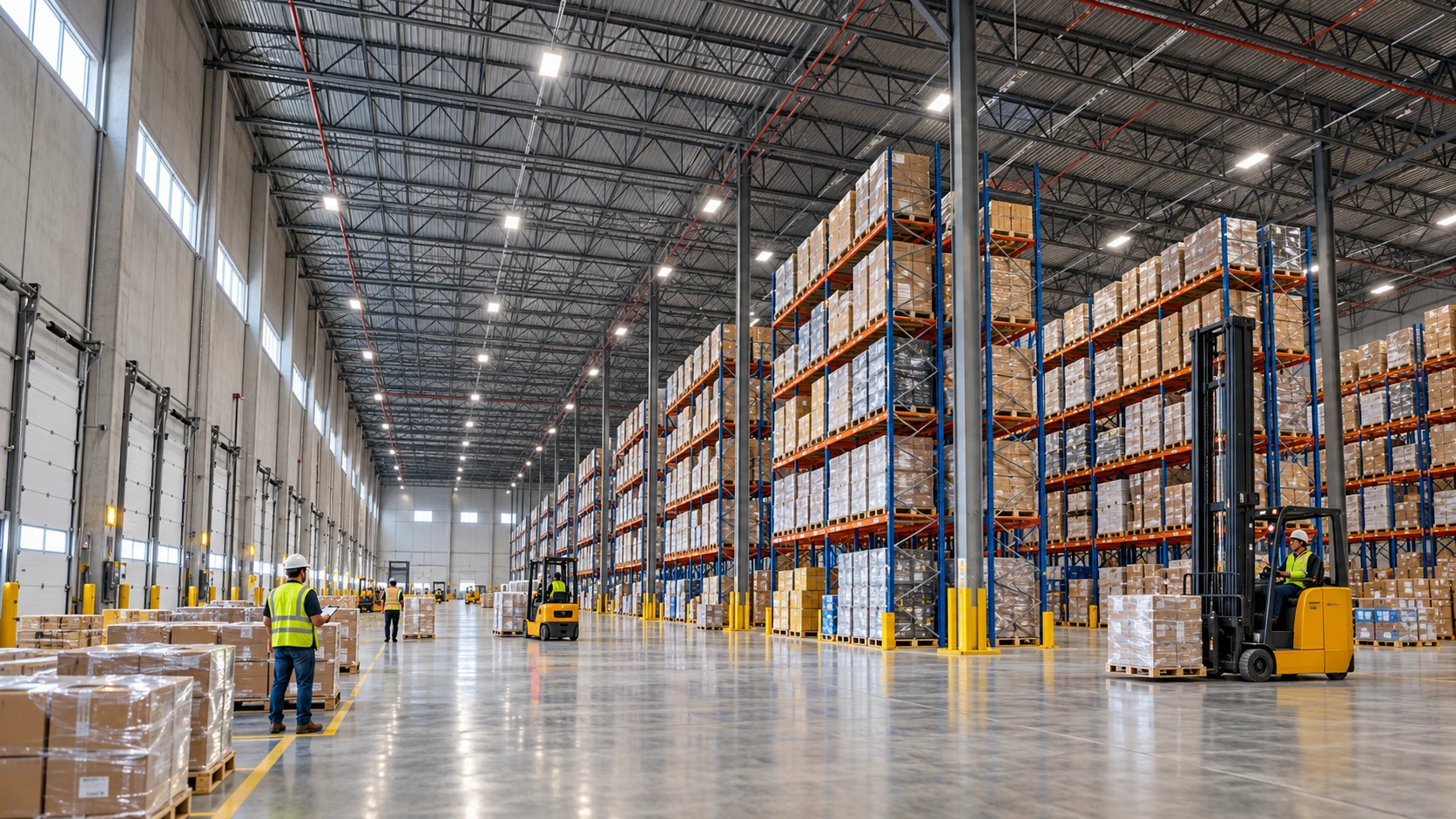 Illustrative warehouse interior with high pallet racks, broad circulation aisles, forklifts and daylight along the facade.